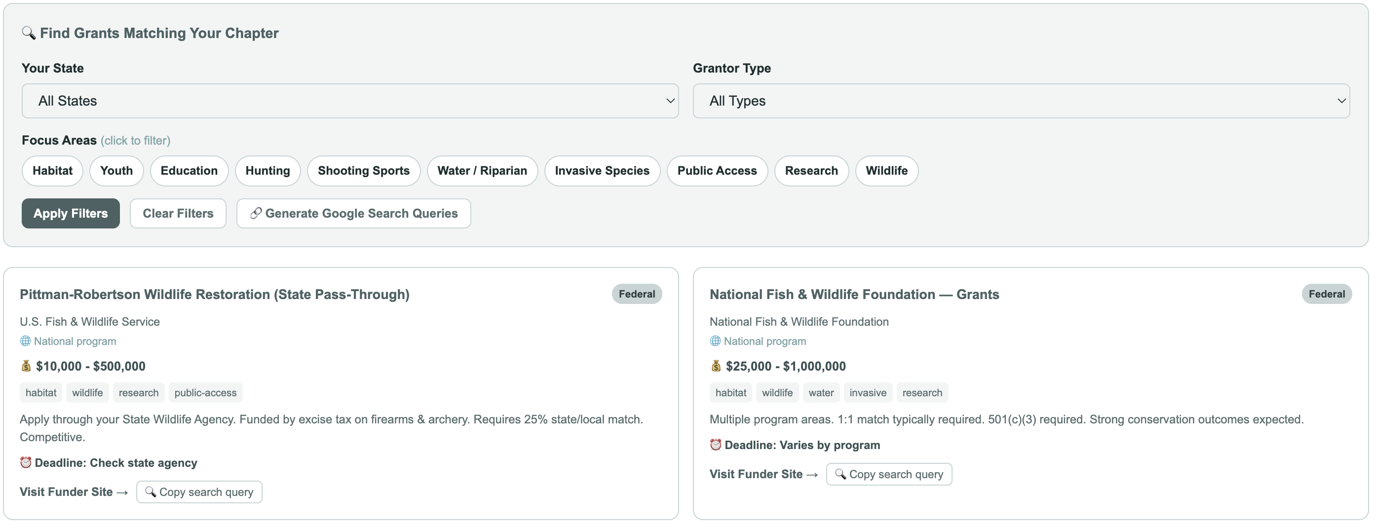 Grant Proposal Builder grant finder screen