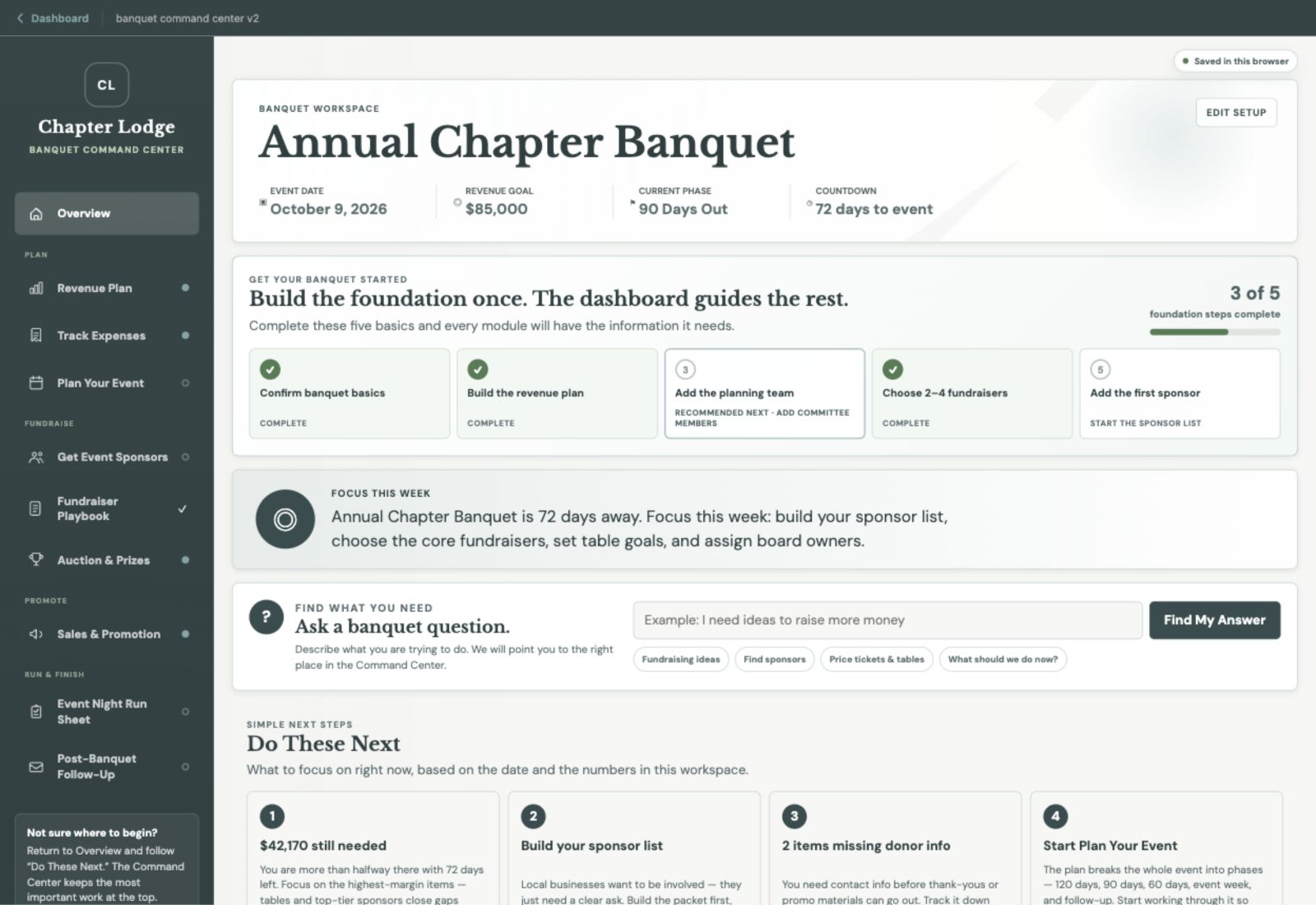 Banquet Command Center dashboard with priorities, progress, planning modules, and event alerts