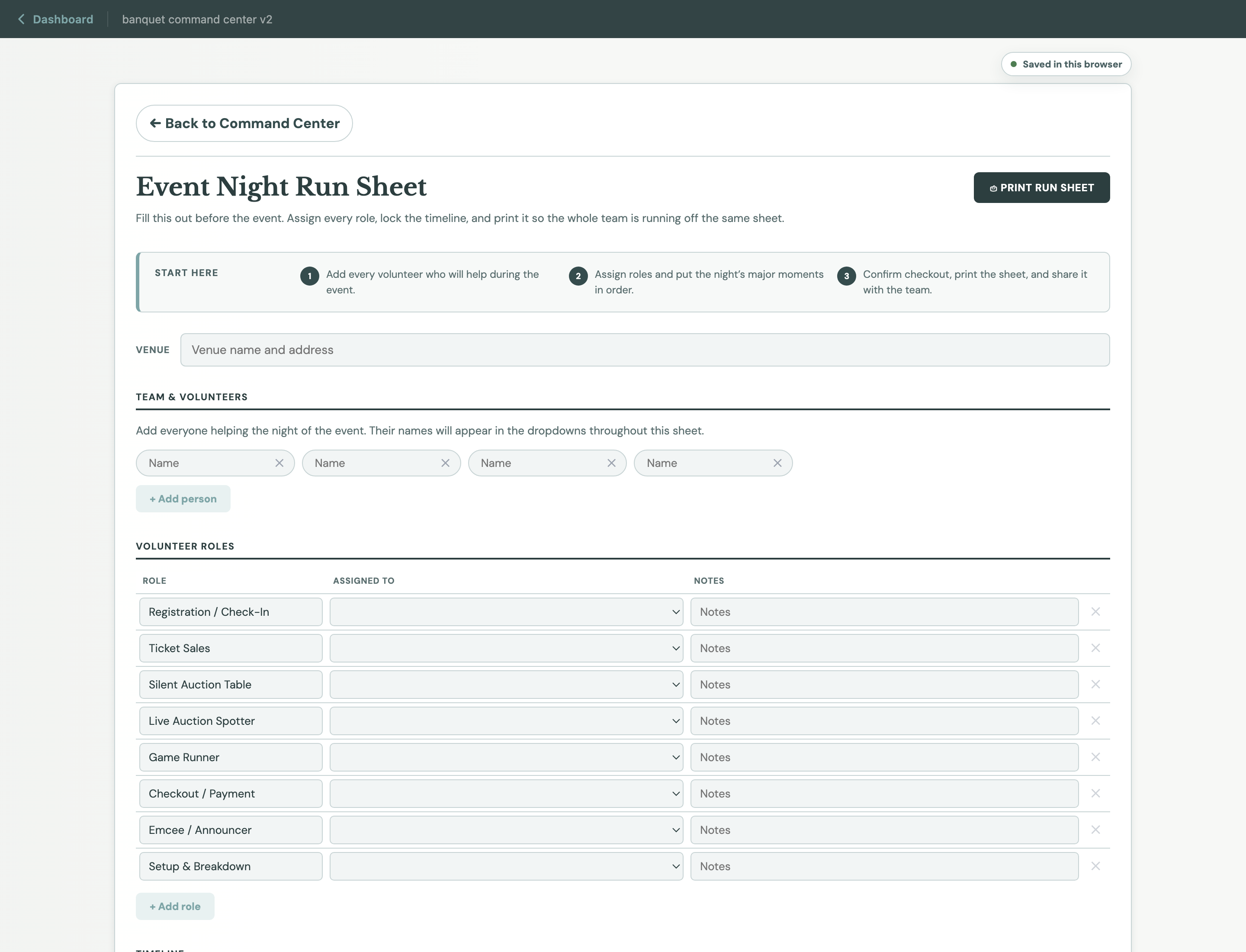 Event Night Run Sheet with volunteer roles and event timeline