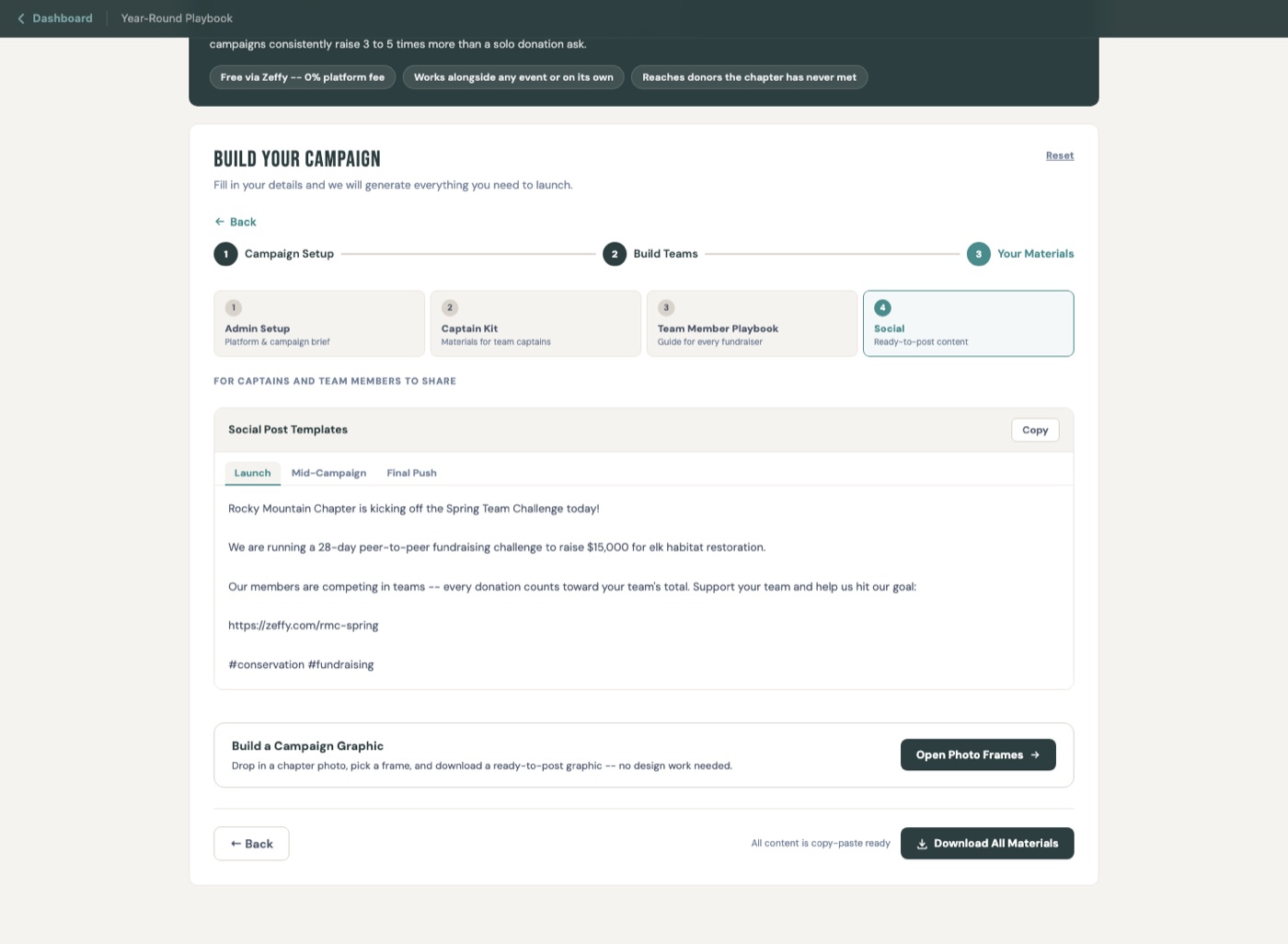 A finished Team Fundraising Challenge campaign showing the launch, mid-campaign, and final push social post tabs with the chapter name, goal, and donation link already filled in