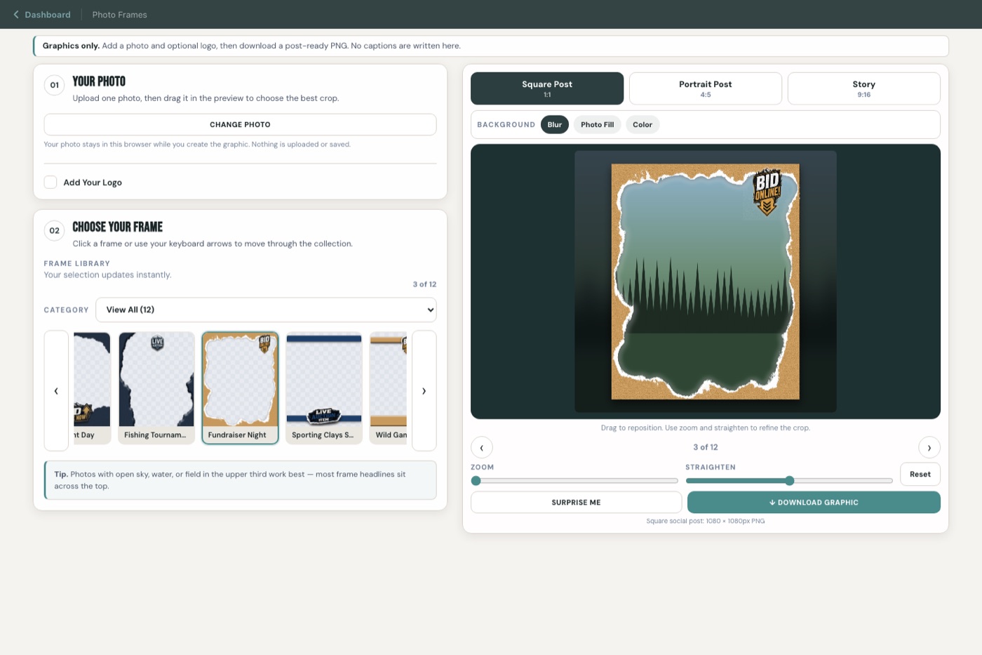 The Social Frames studio with a chapter photo loaded, a frame applied, and controls for output format, background, zoom, and download