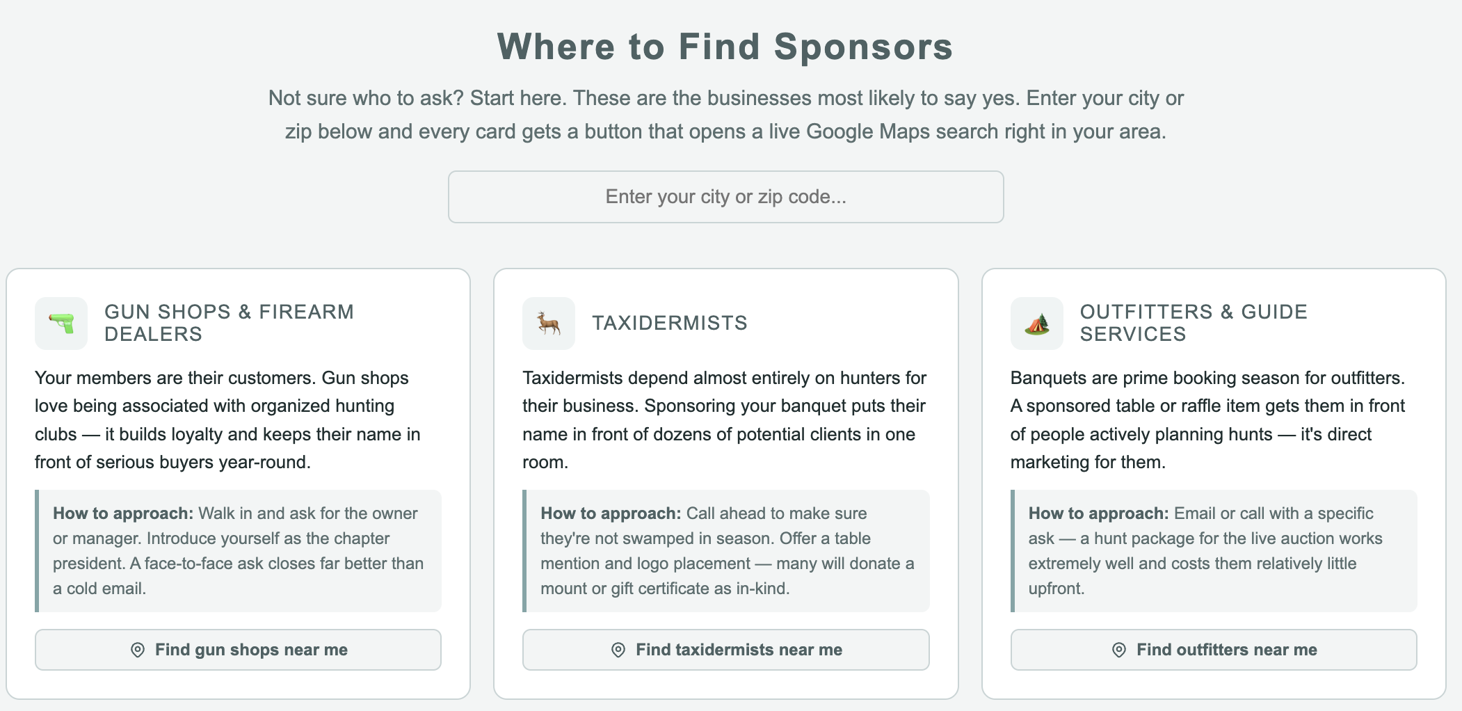 SponsorKit find sponsors screen with local search and sponsor category cards