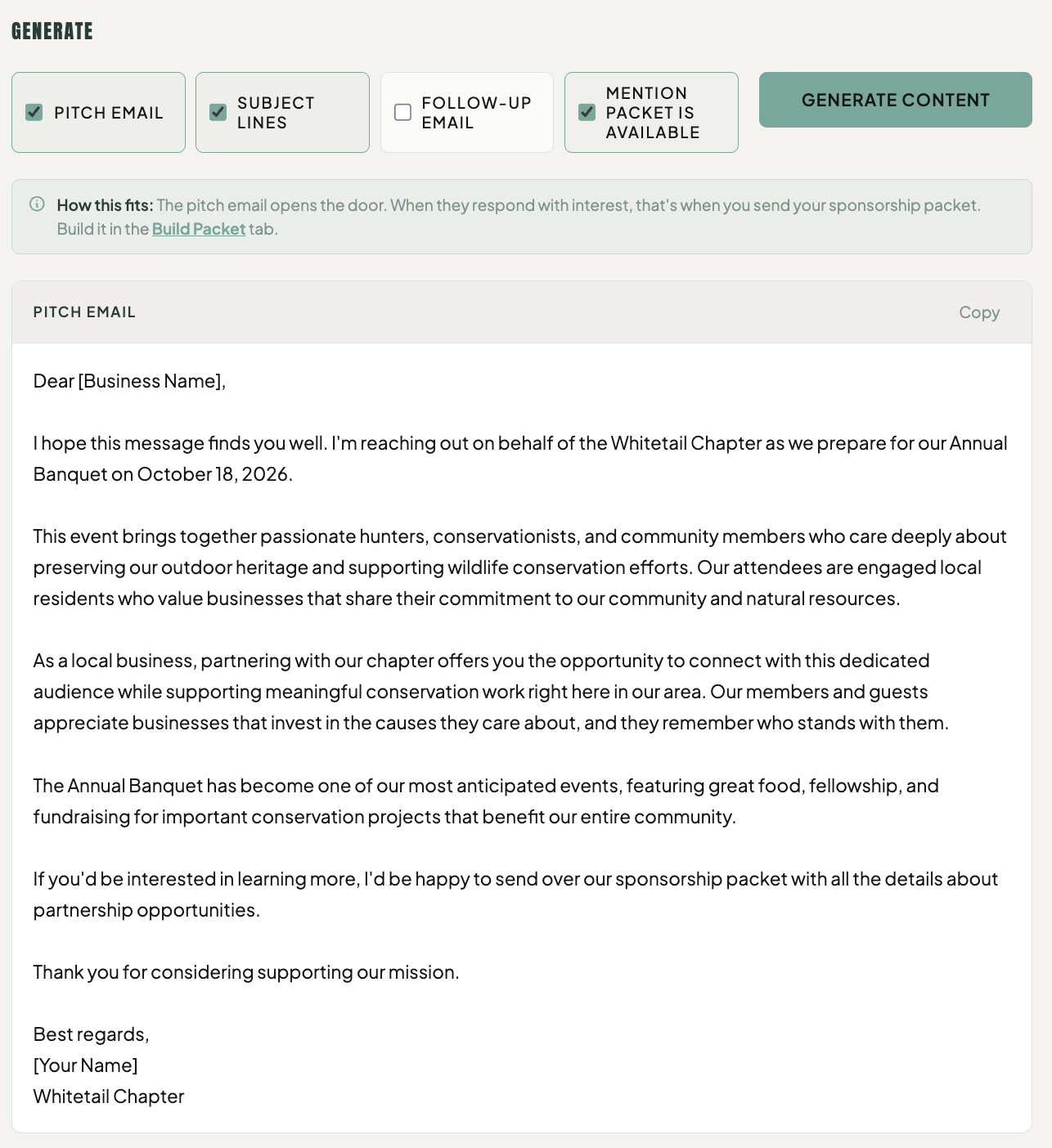 SponsorKit generated sponsor email output ready to copy and send